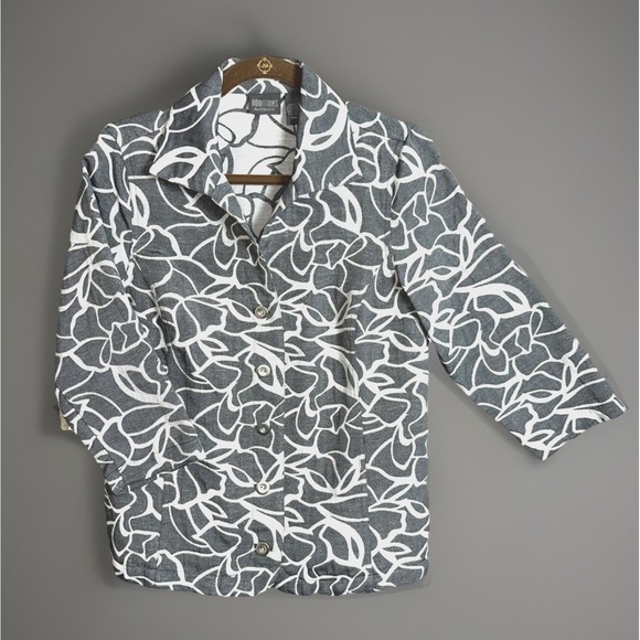 Additions By Chicos Tops - Additions By Chicos Gray White Floral Top Metallic Thread Button Open Front 3/4